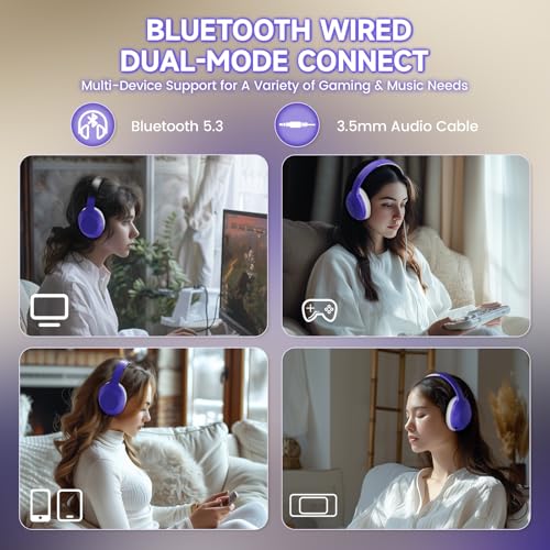 LexonElec x Attack Shark G300 Kabelloses ANC-Over-Ear-Headset, Bluetooth 5.3, Deep Bass HD-Stereo-Sound, 20h Spielzeit, integriertes Mikrofon, Leichtes Design, 3,5mm Gaming-Headset (Lila) Bild 6