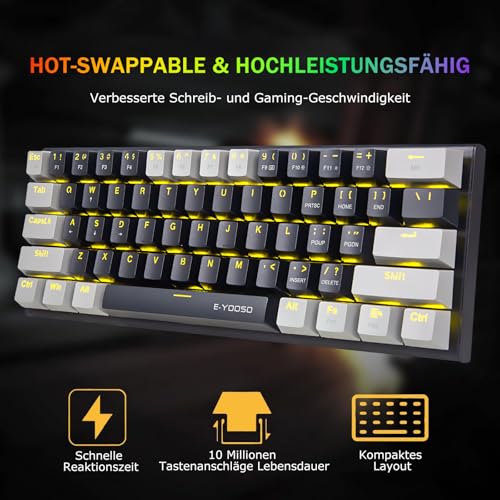 E-Yooso Z11 61Tasten Blaue Schalter, mechanische Gaming-Tastatur,US- Layout,60% mechanische Tastatur, kabelgebunden mit LED-Beleuchtung, ultrakompakte 60-Prozent-Computertastatur (Schwarzgrau) Bild 2
