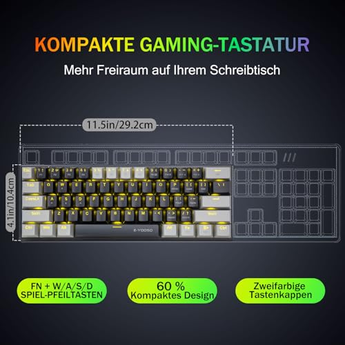 E-Yooso Z11 61Tasten Blaue Schalter, mechanische Gaming-Tastatur,US- Layout,60% mechanische Tastatur, kabelgebunden mit LED-Beleuchtung, ultrakompakte 60-Prozent-Computertastatur (Schwarzgrau) Bild 3