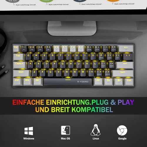E-Yooso Z11 61Tasten Blaue Schalter, mechanische Gaming-Tastatur,US- Layout,60% mechanische Tastatur, kabelgebunden mit LED-Beleuchtung, ultrakompakte 60-Prozent-Computertastatur (Schwarzgrau) Bild 6