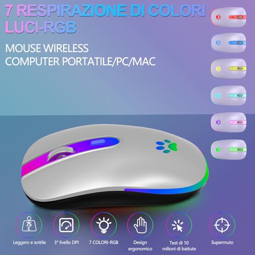 KBCASE Maus Kabellos 2,4 GHz-USB Funkmaus, Bluetooth Maus 1600 DPI Optical Tracking, Wiederaufladbare Gaming Wireless Mouse mit 7 Farben LED-Licht für PC, Laptop, Mac,iOS, Android, iPad, Windows Bild 2