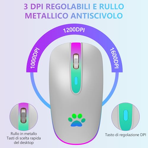KBCASE Maus Kabellos 2,4 GHz-USB Funkmaus, Bluetooth Maus 1600 DPI Optical Tracking, Wiederaufladbare Gaming Wireless Mouse mit 7 Farben LED-Licht für PC, Laptop, Mac,iOS, Android, iPad, Windows Bild 5