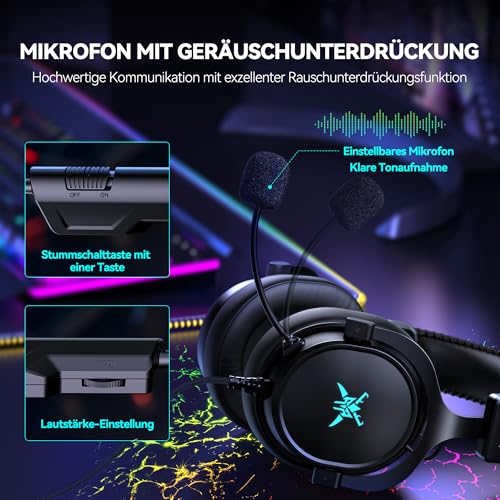 TECKNET Xbox Headset, Gaming Headset mit Mikrofon für Xbox Series X|S, Xbox One, PS5, PS4, PC, Switch, Gaming Kopfhörer mit Kabel und 3,5mm Klinke, Stereo Sound, Noise Cancelling, LED, Over-Ear Design Bild 4