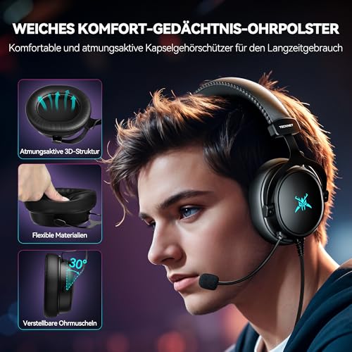 TECKNET Xbox Headset, Gaming Headset mit Mikrofon für Xbox Series X|S, Xbox One, PS5, PS4, PC, Switch, Gaming Kopfhörer mit Kabel und 3,5mm Klinke, Stereo Sound, Noise Cancelling, LED, Over-Ear Design Bild 6