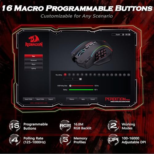 Redragon Wireless Gaming Maus RGB, 16000 DPI, Optische 2.4G/USB-C MMO Maus mit 16 Programmierbaren Tasten, 12 Seitentasten, 45 Std. Ergonomische Maus Kabellose für PC/Mac Gamer Bild 3