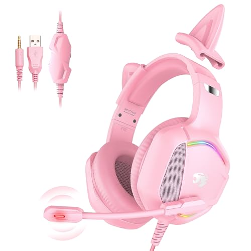 IMYB Gaming Headset mit Katzenohren abnehmbaren, RGB-Licht, Stereo Surround Noise Cancelling, Mikrofon für PC, PS4, PS5, Xbox One X/S, Mac, Laptop (Rosa) Bild 1