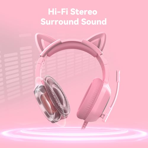 IMYB Gaming Headset mit Katzenohren abnehmbaren, RGB-Licht, Stereo Surround Noise Cancelling, Mikrofon für PC, PS4, PS5, Xbox One X/S, Mac, Laptop (Rosa) Bild 2