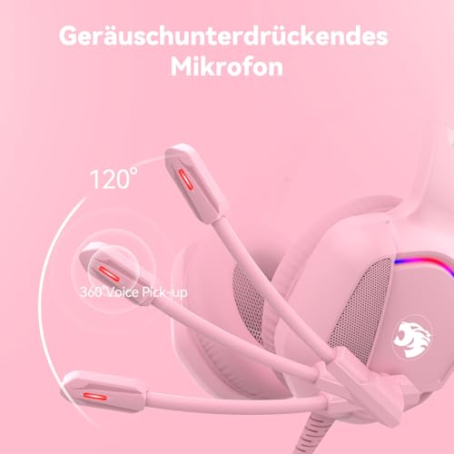 IMYB Gaming Headset mit Katzenohren abnehmbaren, RGB-Licht, Stereo Surround Noise Cancelling, Mikrofon für PC, PS4, PS5, Xbox One X/S, Mac, Laptop (Rosa) Bild 3