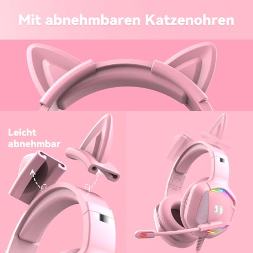 IMYB Gaming Headset mit Katzenohren abnehmbaren, RGB-Licht, Stereo Surround Noise Cancelling, Mikrofon für PC, PS4, PS5, Xbox One X/S, Mac, Laptop (Rosa) Bild 4
