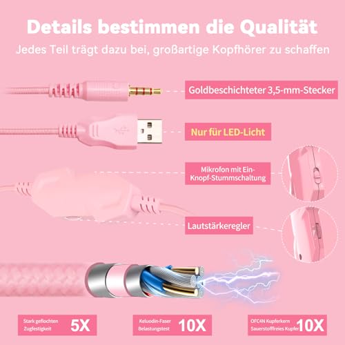 IMYB Gaming Headset mit Katzenohren abnehmbaren, RGB-Licht, Stereo Surround Noise Cancelling, Mikrofon für PC, PS4, PS5, Xbox One X/S, Mac, Laptop (Rosa) Bild 5