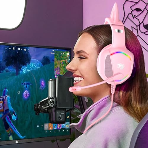 IMYB Gaming Headset mit Katzenohren abnehmbaren, RGB-Licht, Stereo Surround Noise Cancelling, Mikrofon für PC, PS4, PS5, Xbox One X/S, Mac, Laptop (Rosa) Bild 6