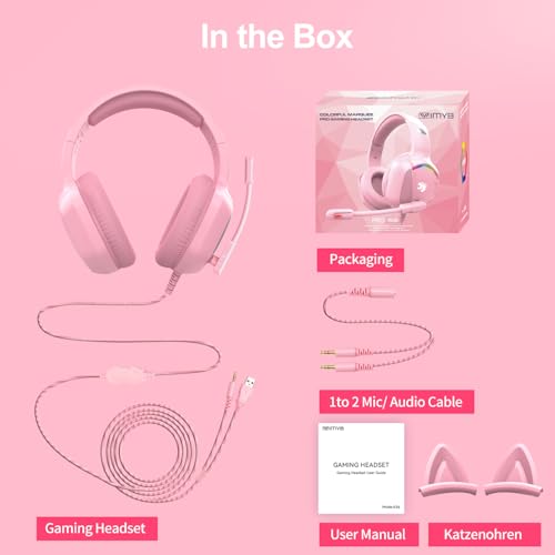 IMYB Gaming Headset mit Katzenohren abnehmbaren, RGB-Licht, Stereo Surround Noise Cancelling, Mikrofon für PC, PS4, PS5, Xbox One X/S, Mac, Laptop (Rosa) Bild 7