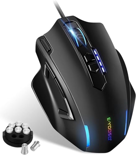 E-Yooso MMO Gaming Maus, kabelgebundene optische Maus, 12.400 DPI, 11 programmierbare Tasten mit 5 Seitentasten, Schnellfeuertaste, ergonomische Form, RGB Beleuchtung, einstellbares Gewicht Bild 1