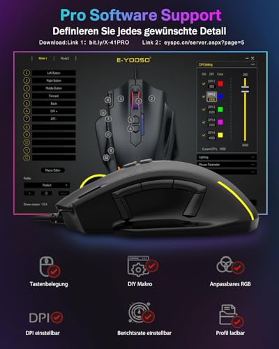 E-Yooso MMO Gaming Maus, kabelgebundene optische Maus, 12.400 DPI, 11 programmierbare Tasten mit 5 Seitentasten, Schnellfeuertaste, ergonomische Form, RGB Beleuchtung, einstellbares Gewicht Bild 2