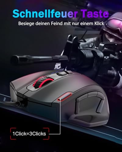 E-Yooso MMO Gaming Maus, kabelgebundene optische Maus, 12.400 DPI, 11 programmierbare Tasten mit 5 Seitentasten, Schnellfeuertaste, ergonomische Form, RGB Beleuchtung, einstellbares Gewicht Bild 3