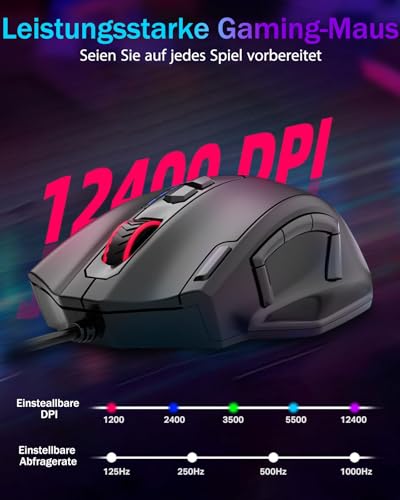 E-Yooso MMO Gaming Maus, kabelgebundene optische Maus, 12.400 DPI, 11 programmierbare Tasten mit 5 Seitentasten, Schnellfeuertaste, ergonomische Form, RGB Beleuchtung, einstellbares Gewicht Bild 4