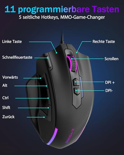 E-Yooso MMO Gaming Maus, kabelgebundene optische Maus, 12.400 DPI, 11 programmierbare Tasten mit 5 Seitentasten, Schnellfeuertaste, ergonomische Form, RGB Beleuchtung, einstellbares Gewicht Bild 5