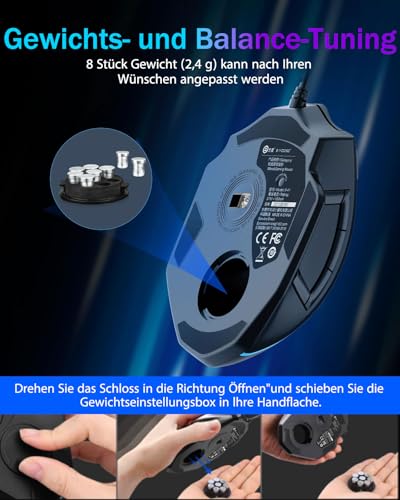 E-Yooso MMO Gaming Maus, kabelgebundene optische Maus, 12.400 DPI, 11 programmierbare Tasten mit 5 Seitentasten, Schnellfeuertaste, ergonomische Form, RGB Beleuchtung, einstellbares Gewicht Bild 6