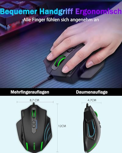 E-Yooso MMO Gaming Maus, kabelgebundene optische Maus, 12.400 DPI, 11 programmierbare Tasten mit 5 Seitentasten, Schnellfeuertaste, ergonomische Form, RGB Beleuchtung, einstellbares Gewicht Bild 7