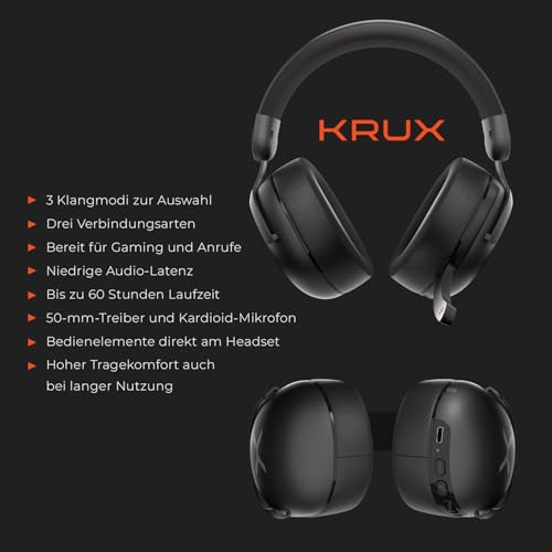 KRUX Crave Pro Wireless, Kabellose Kopfhörer für Gamer, versenkbares Mikrofon, 2,4 GHz, BT, USB Typ C, Verstellbarer Kopfbügel, Hybrid-Ohrpolster, Gewicht 299 g Bild 2