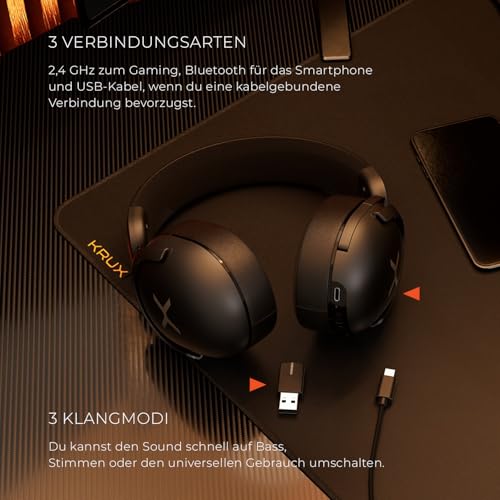KRUX Crave Pro Wireless, Kabellose Kopfhörer für Gamer, versenkbares Mikrofon, 2,4 GHz, BT, USB Typ C, Verstellbarer Kopfbügel, Hybrid-Ohrpolster, Gewicht 299 g Bild 3