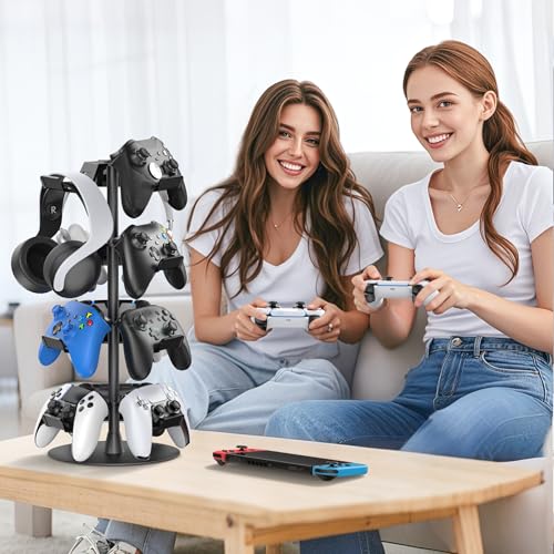 Controller Halter für Tisch, drehbarer Spiel Kopfhörer Halterung, kompatibel mit PS5/PS4/Xbox/Switch/PS Portal, universeller Spieler Zubehör Headset Stand für 12 Controller Storage (Schwarz,4 Stück) Bild 5
