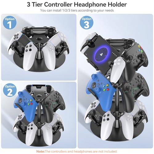 Controller Halter für Tisch, drehbarer Spiel Kopfhörer Halterung, kompatibel mit PS5/PS4/Xbox/Switch/PS Portal, universeller Spieler Zubehör Headset Stand für 9 Controller Storage (Schwarz,3 Stück) Bild 2