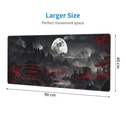 Großes Gaming-Mauspad XXL – 900 x 400 mm – Gamer Mouse Pad mit Nähten an den Kanten – unter Hand für Büro – Zubehör für Büro, rutschfeste Gummiunterseite, Oberfläche (Nacht-See) Bild 2