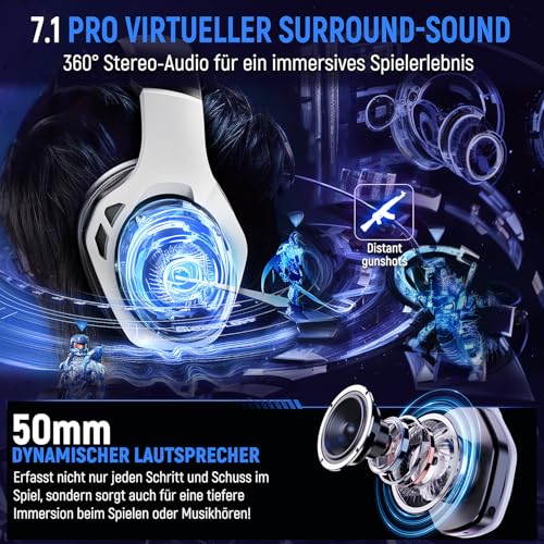 Tatybo Wireless Gaming Headset für Ps5/Ps4/PC/Switch, 2.4GHz & Bluetooth, unter 25 ms Latenz, 35 Std Laufzeit, atmungsaktive Ohrpolster, RGB, Kabelloses Gaming Headset, Schwarz-Weiß Bild 2