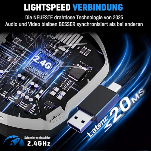 Tatybo Wireless Gaming Headset für Ps5/Ps4/PC/Switch, 2.4GHz & Bluetooth, unter 25 ms Latenz, 35 Std Laufzeit, atmungsaktive Ohrpolster, RGB, Kabelloses Gaming Headset, Schwarz-Weiß Bild 3
