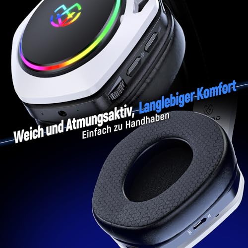 Tatybo Wireless Gaming Headset für Ps5/Ps4/PC/Switch, 2.4GHz & Bluetooth, unter 25 ms Latenz, 35 Std Laufzeit, atmungsaktive Ohrpolster, RGB, Kabelloses Gaming Headset, Schwarz-Weiß Bild 4