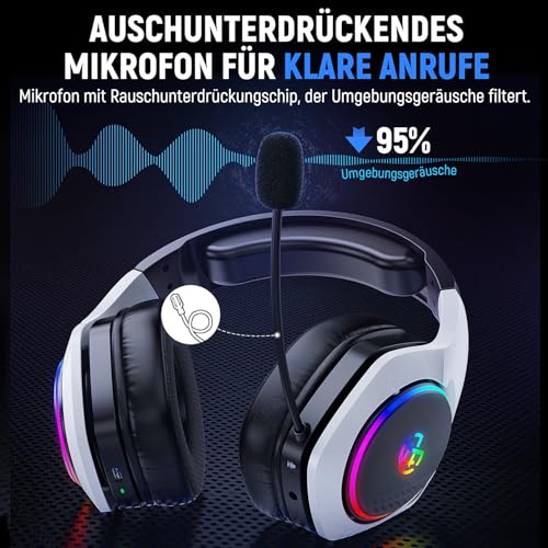 Tatybo Wireless Gaming Headset für Ps5/Ps4/PC/Switch, 2.4GHz & Bluetooth, unter 25 ms Latenz, 35 Std Laufzeit, atmungsaktive Ohrpolster, RGB, Kabelloses Gaming Headset, Schwarz-Weiß Bild 5