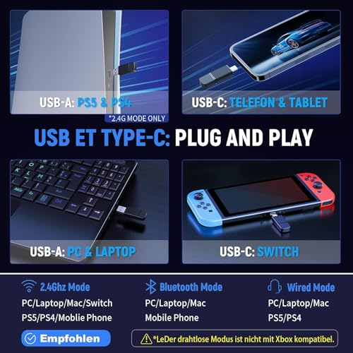 Tatybo Wireless Gaming Headset für Ps5/Ps4/PC/Switch, 2.4GHz & Bluetooth, unter 25 ms Latenz, 35 Std Laufzeit, atmungsaktive Ohrpolster, RGB, Kabelloses Gaming Headset, Schwarz-Weiß Bild 6