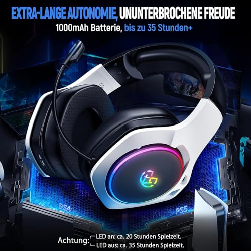 Tatybo Wireless Gaming Headset für Ps5/Ps4/PC/Switch, 2.4GHz & Bluetooth, unter 25 ms Latenz, 35 Std Laufzeit, atmungsaktive Ohrpolster, RGB, Kabelloses Gaming Headset, Schwarz-Weiß Bild 7