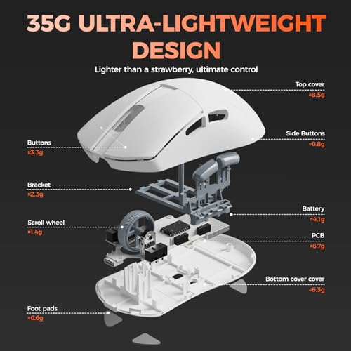 DAREU A950 Wing Wireless Gaming Mouse, Ultraleicht 35 g, Dual Polling Rate 8000 Hz, 30 000 DPI Optischer Sensor, Ergonomisch Symmetrisch, 5 Programmable Buttons，70 Stunden Batterie (Weiß) Bild 2