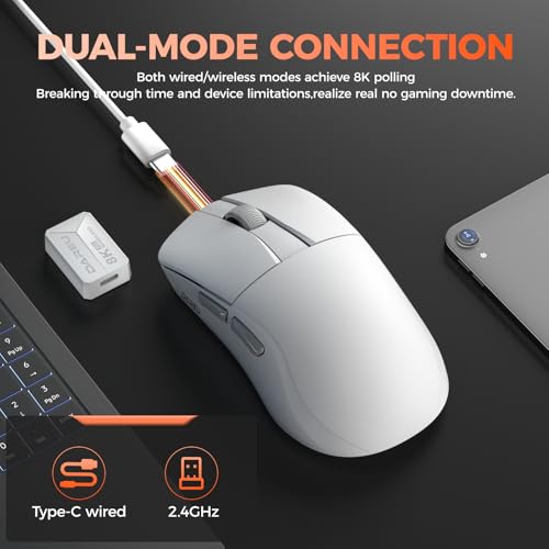 DAREU A950 Wing Wireless Gaming Mouse, Ultraleicht 35 g, Dual Polling Rate 8000 Hz, 30 000 DPI Optischer Sensor, Ergonomisch Symmetrisch, 5 Programmable Buttons，70 Stunden Batterie (Weiß) Bild 6