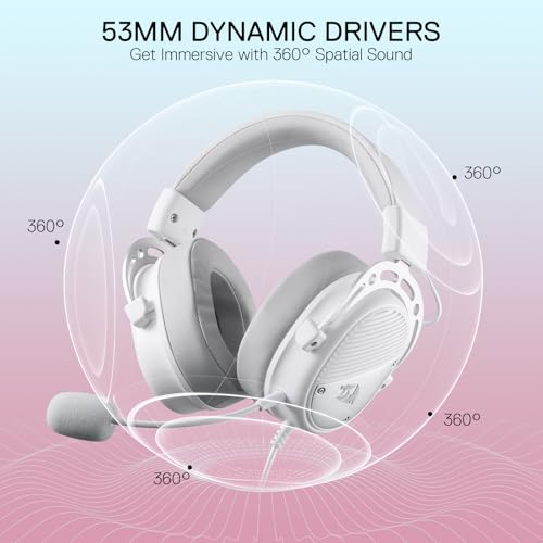 Redragon H730 USB Gaming-Headset – 53mm Treiber, 360° Surround Sound, Abnehmbares Geräuschunterdrückungsmikrofon, Magnetisch Austauschbare Ohrpolster, Over-Ear Kopfhörer für PC/PS4/PS5, Weiß Bild 2