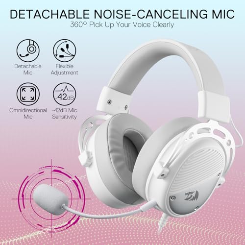 Redragon H730 USB Gaming-Headset – 53mm Treiber, 360° Surround Sound, Abnehmbares Geräuschunterdrückungsmikrofon, Magnetisch Austauschbare Ohrpolster, Over-Ear Kopfhörer für PC/PS4/PS5, Weiß Bild 4