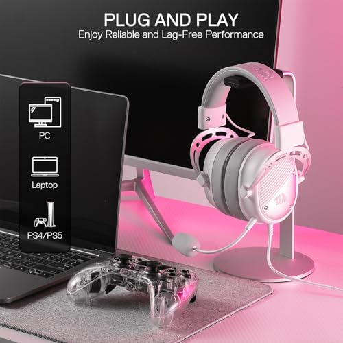 Redragon H730 USB Gaming-Headset – 53mm Treiber, 360° Surround Sound, Abnehmbares Geräuschunterdrückungsmikrofon, Magnetisch Austauschbare Ohrpolster, Over-Ear Kopfhörer für PC/PS4/PS5, Weiß Bild 6