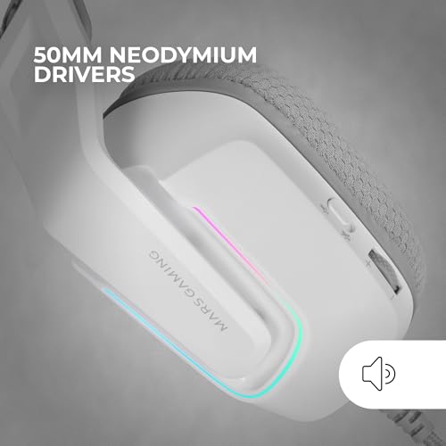 Mars Gaming MH-Strike, Gaming-Headset FRGB Rainbow, Ergonomie Design, 50mm Neodym-Treiber, Klappbares Mikrofon, Integrierte Steuerung, Air-Ohrpolster, Verstellbarer Kopfbügel, Multiplattform, Weiß Bild 2