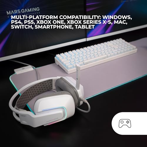 Mars Gaming MH-Strike, Gaming-Headset FRGB Rainbow, Ergonomie Design, 50mm Neodym-Treiber, Klappbares Mikrofon, Integrierte Steuerung, Air-Ohrpolster, Verstellbarer Kopfbügel, Multiplattform, Weiß Bild 5