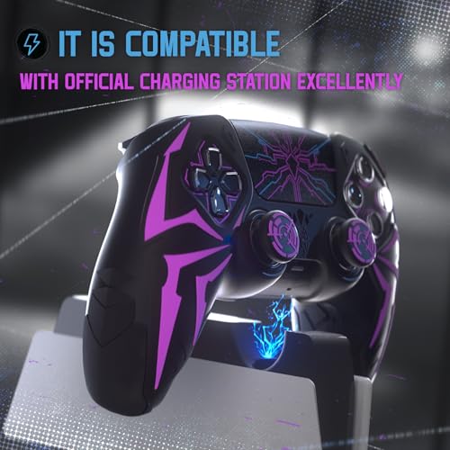 PlayVital Silikonhülle für ps5 Controller Skin mit 2 Daumengriffen & 6 Stickern, rutschfest & stoßfest, Cyber Spider Design, Schutzhülle Case kompatibel mit Ladestation-Schwarz & Lila Bild 5