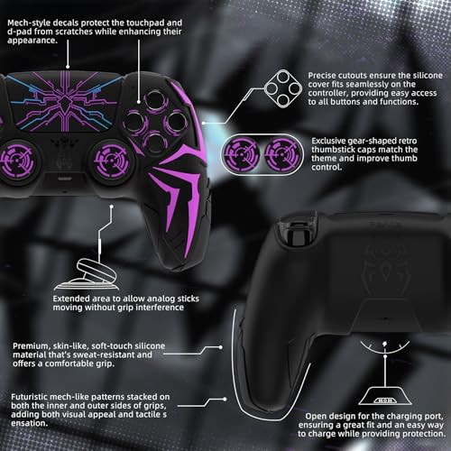 PlayVital Silikonhülle für ps5 Controller Skin mit 2 Daumengriffen & 6 Stickern, rutschfest & stoßfest, Cyber Spider Design, Schutzhülle Case kompatibel mit Ladestation-Schwarz & Lila Bild 6