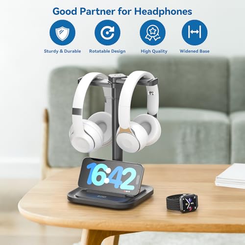 KDD Dual Kopfhörer Ständer Schreibtisch & Universal Kopfhörer Halterung mit Handyhalterung, Rutschfester & Drehbar Gaming Headset Halterung für Alle Over Ear, Abnehmbar Headset Ständer für Gamer PC Bild 4