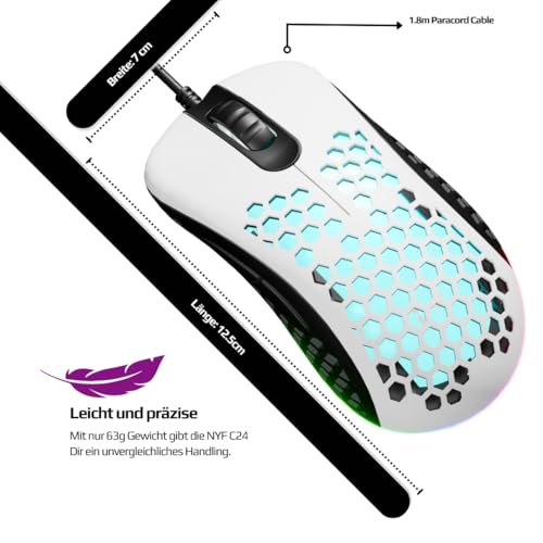 Nyfter - Nyf C24 Wired Gaming Mouse PC Maus mit Kabel RGB Ultra-Lightweight 63g 16.000 DPI 1.8m Paracord-Kabel für Starke Performance im Gameplay Bild 4