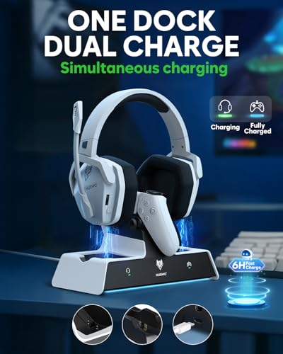 NUBWO G06 Pro Wireless Gaming Headset mit Ladestation für Headset und PS5 Controller, 17ms Niedrige Latenz, 120 Stündige Akkulaufzeit, Dynamische 50mm Treiber Weiß (Nicht mit Xbox Kompatibel) Bild 2