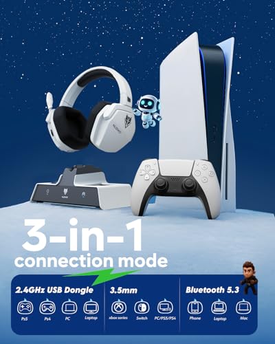 NUBWO G06 Pro Wireless Gaming Headset mit Ladestation für Headset und PS5 Controller, 17ms Niedrige Latenz, 120 Stündige Akkulaufzeit, Dynamische 50mm Treiber Weiß (Nicht mit Xbox Kompatibel) Bild 6
