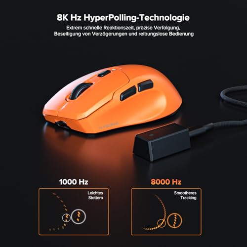 Kabellose Gaming-Maus, 26.000 DPI, 8K-Abtastrate, ultraleicht (53 g), mit Eisbeschichtung, ergonomisch, 3 Modi (2,4 GHz/USB-C/Bluetooth), wiederaufladbar, kompatibel mit Laptop, PC, Mac, Orange Bild 2