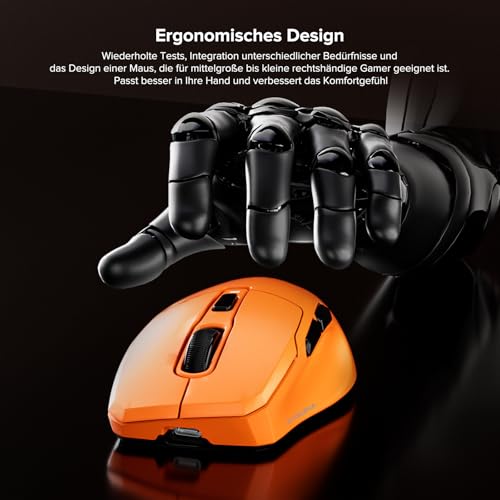 Kabellose Gaming-Maus, 26.000 DPI, 8K-Abtastrate, ultraleicht (53 g), mit Eisbeschichtung, ergonomisch, 3 Modi (2,4 GHz/USB-C/Bluetooth), wiederaufladbar, kompatibel mit Laptop, PC, Mac, Orange Bild 5