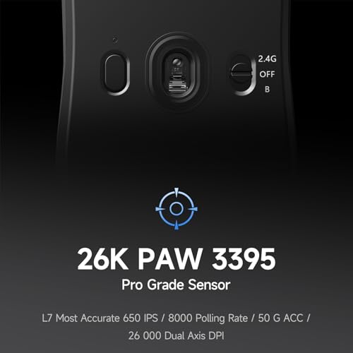MCHOSE L7 Leichte 39 g Gaming-Maus mit Benutzerdefiniertem 8K-Ultraschnell-Funkempfänger, 26000 DPI, 8K Hz-Berichtsrate, BT/2,4G-Gaming-Maus mit Kabel/Kabel, 200 Stunden Batterie, Schwarz Bild 4